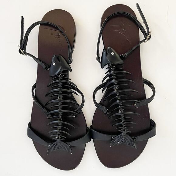 Giuseppe Zanotti Black Leather Fishbone Flat Ankle Strap Sandals IT 37.5 - Picture 3 of 12